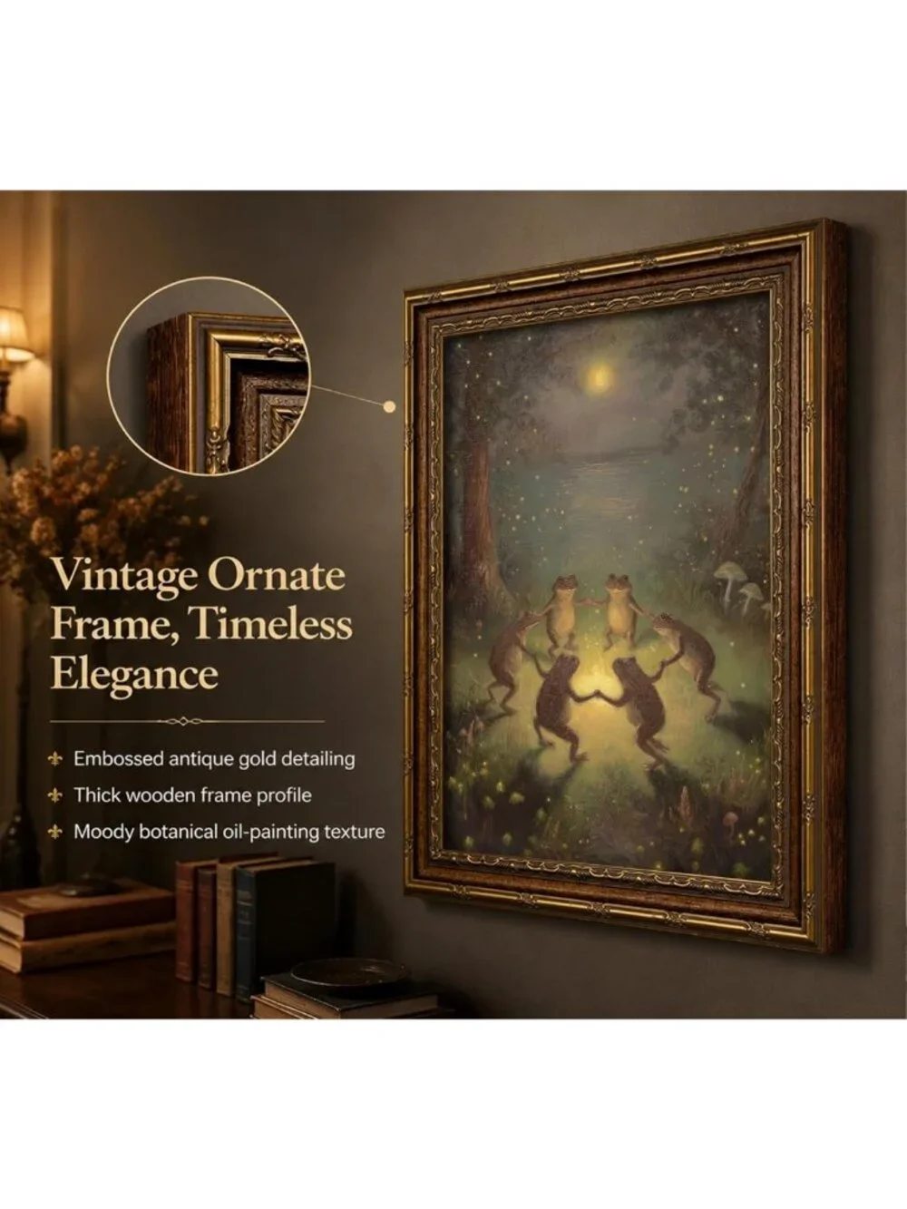 Whimsical Vintage Frog Wall Art - Gold Framed Canvas Print for Living Room